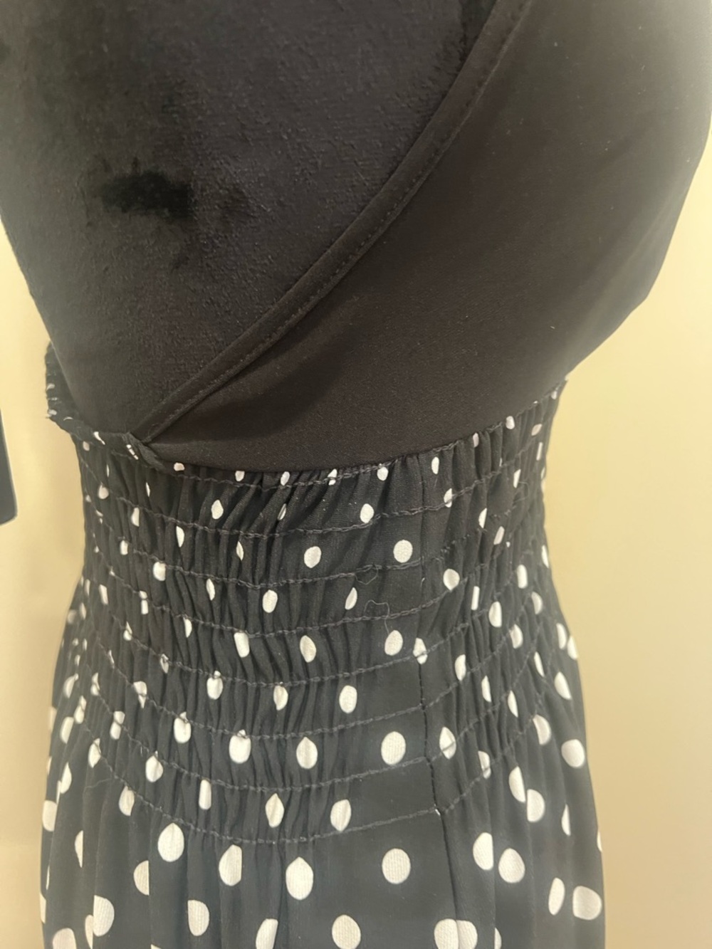 Black White Polka Dot Halter Dress Smocked Waist Fit Flare Pinup Small - Picture 5 of 9